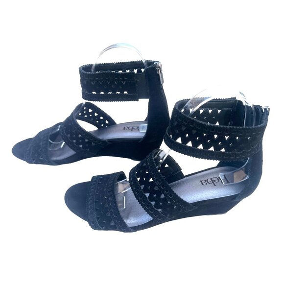 Reba Shoes - Reba Women’s Size 7 Baby Suede Open Toe Wedge Heels cut outs Leather Black